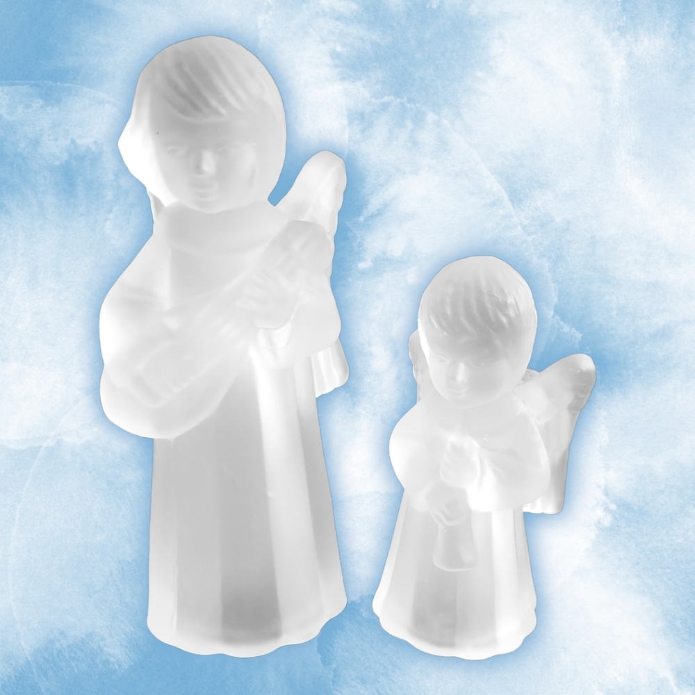 2 Vtg Celebrations Frosted Crystal  CAROLING ANGEL CANDLESTICK HOLDERS #333112